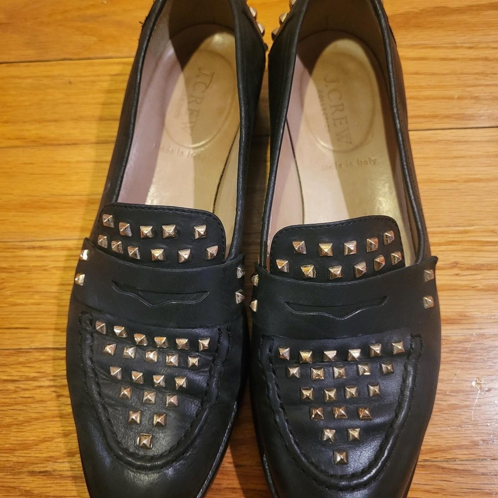 J. Crew Black Loafers with Gold Studs